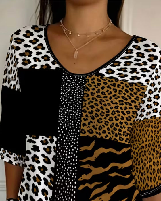 T-Shirt Leopard Zebra Rundhalsausschnitt Halbarm