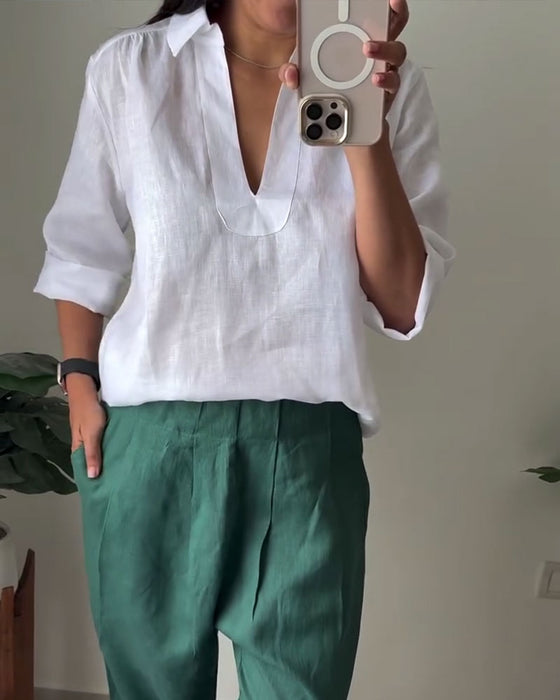 Bluse mit Kragen aus Baumwoll-Leinen