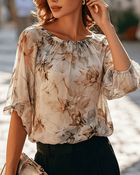 Bluse Tintenwäsche Blumen Puffärmel
