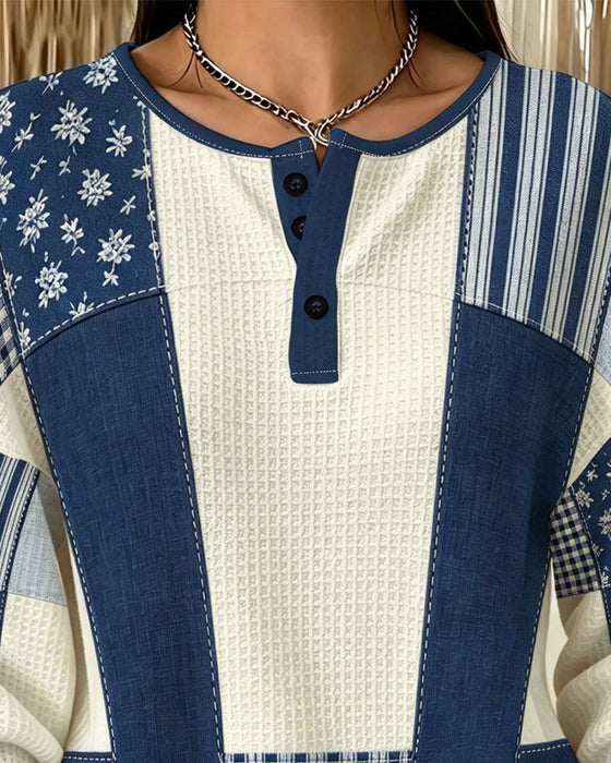 Sweatshirt Rundhals Knopf Blumen Plaid