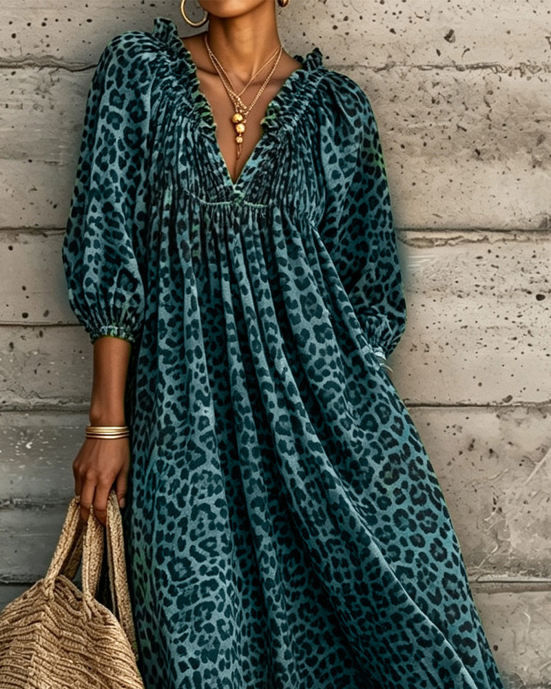 Kleid Leopard Druck V-Ausschnitt Puff Ärmel