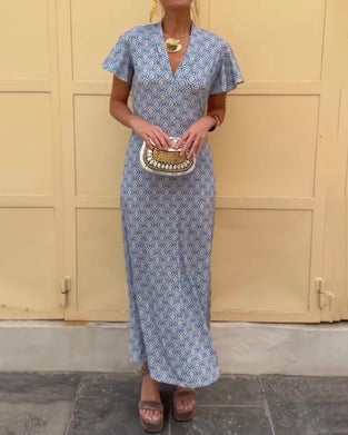 Kleid V-Ausschnitt Diamant Print Rüschenärmel