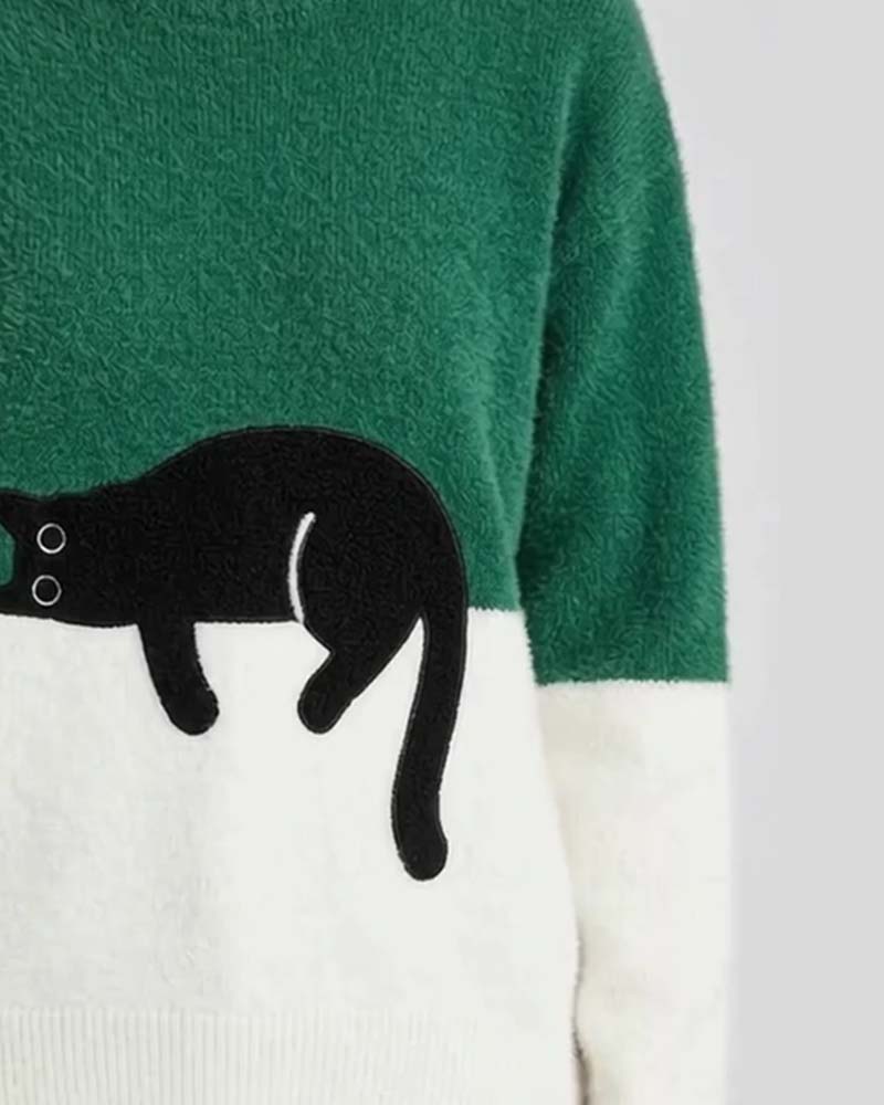 Pullover Rundhals Kontrastfarbe Katze