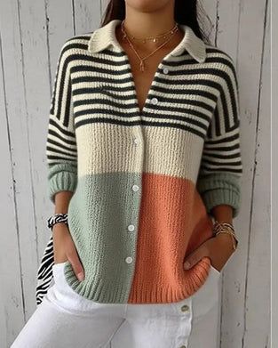 Jacke Revers Knopf Streifen Farbblock