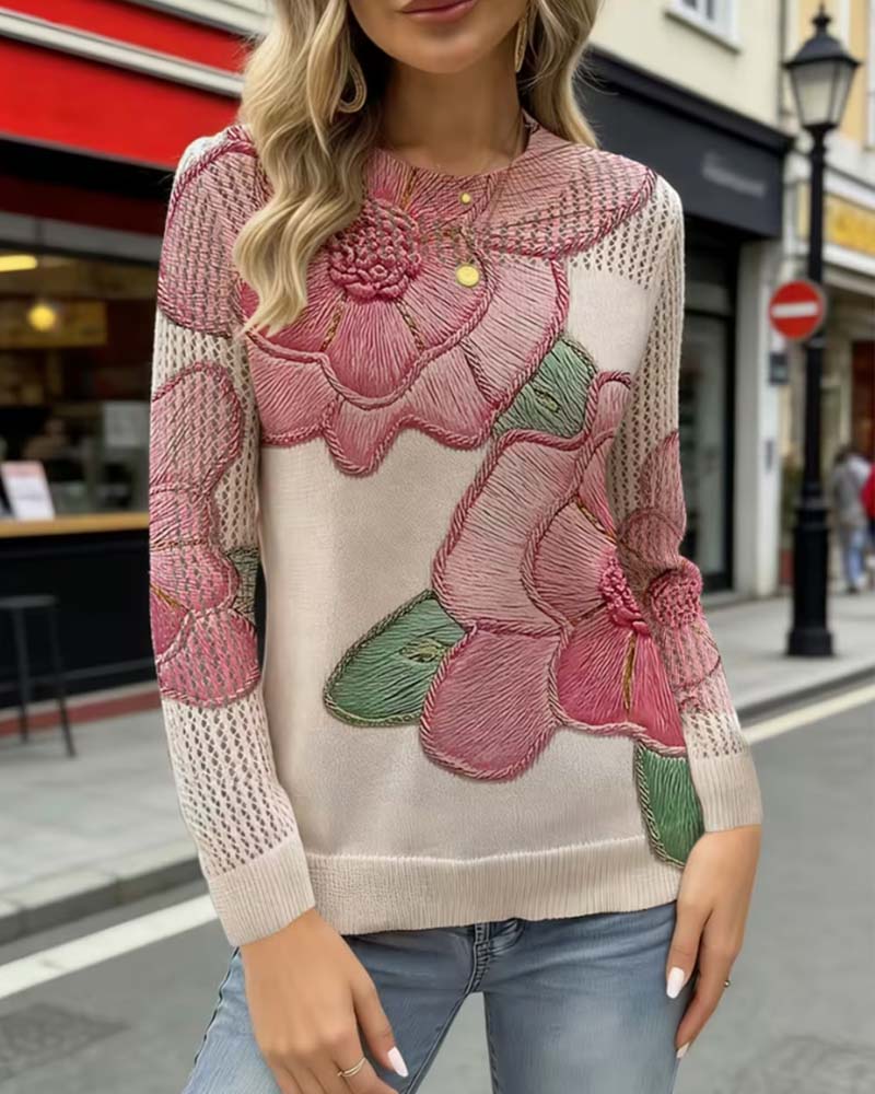 Pullover Blumenmuster Lässig Langarm