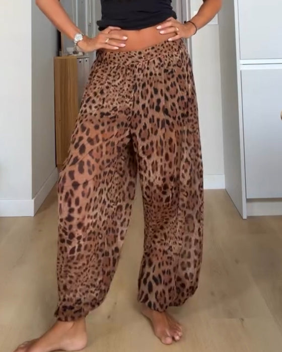 Hose Elastische Taille Leopard Druck Weites Bein Lang