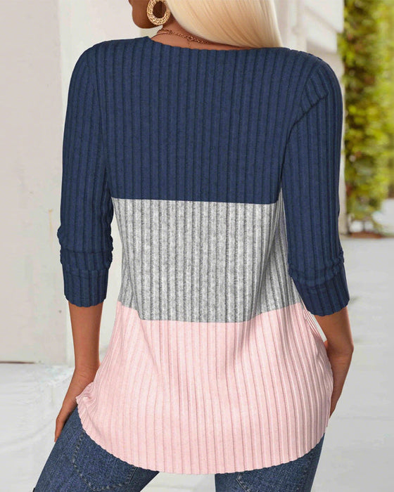 Top V-Ausschnitt Colorblock Gestreift