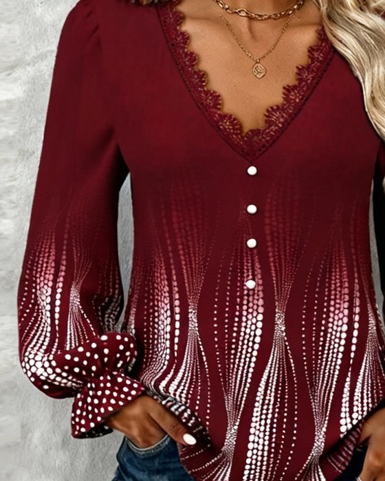 Bluse Puffärmel V-Ausschnitt Druck