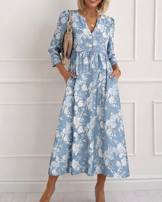 Kleid V-Ausschnitt Knopf Blumen Gerafft