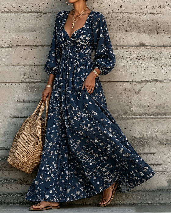 Kleid Gerafft Blumen Puffärmel Weiter Rock