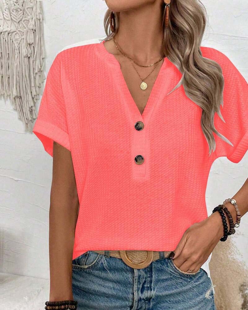 T-Shirt Waffel V-Ausschnitt Knopf