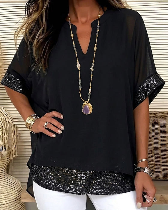 Bluse Pailletten Patchwork Durchsichtig Locker