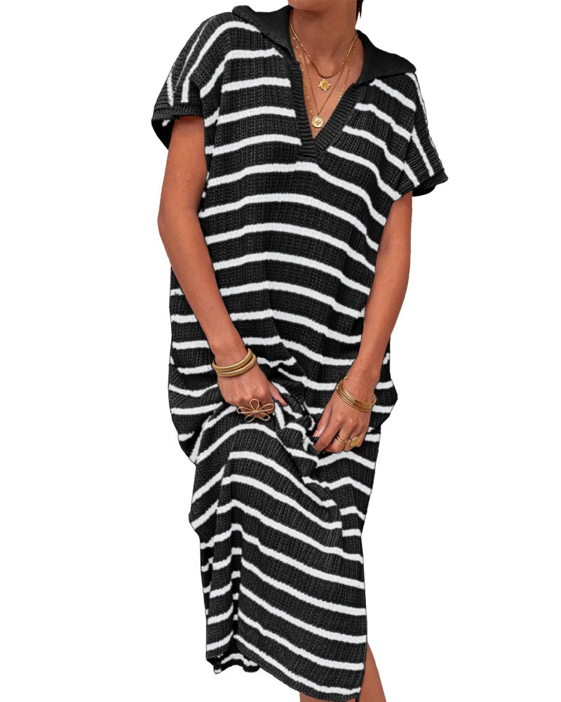 Kleid Gestreift Revers Kurzarm