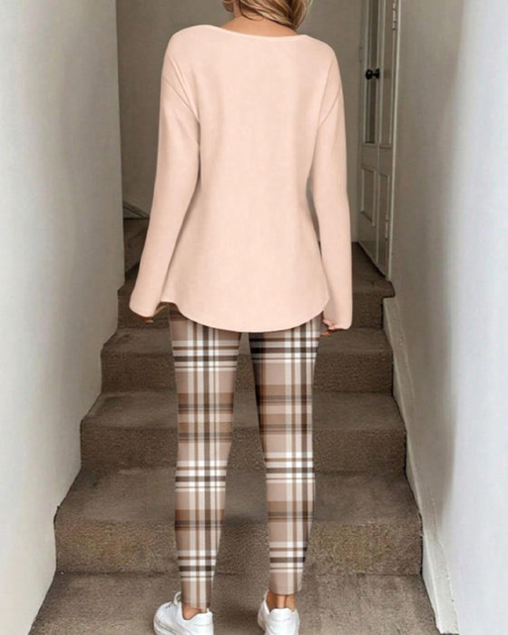 Set V-Ausschnitt Einfarbig Oberteil + Karo Hose Loungewear