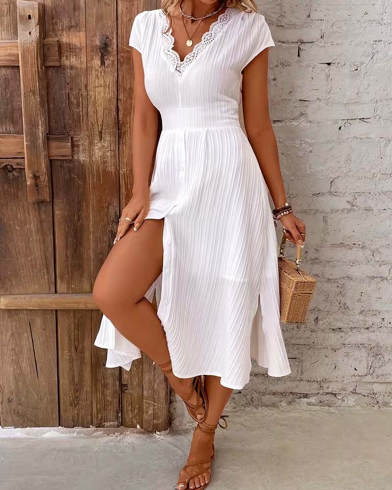 Kleid V-Ausschnitt Knopf Schlitz