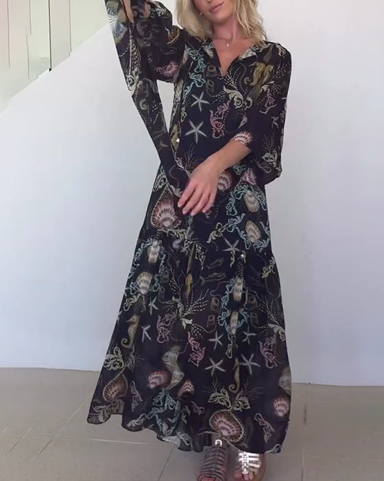 Kleid V-Ausschnitt Marine Druck Langarm