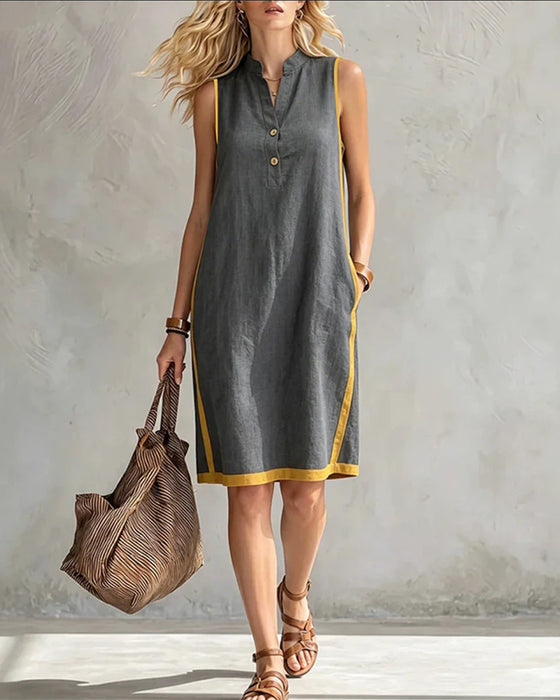 Kleid Stehkragen Knopf Patchwork Ärmellos