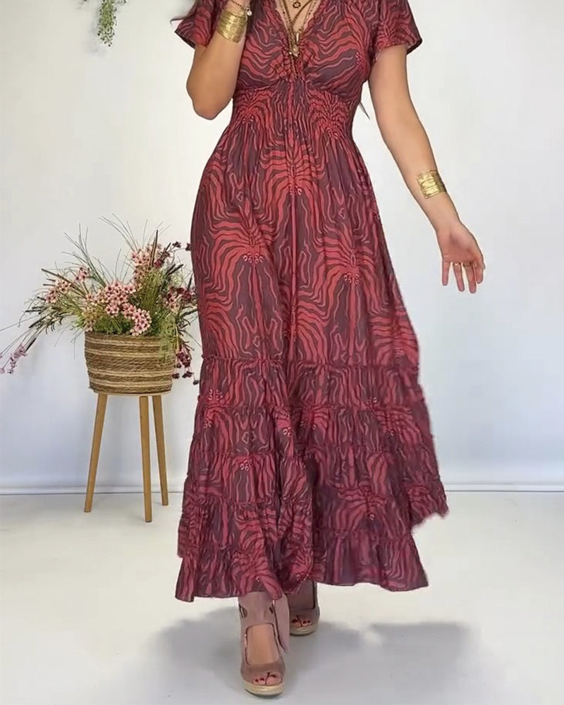 Kleid Boho V-Ausschnitt Plissiert Lang