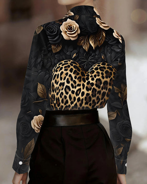 Hemd Knopf Leopard Herz Blumen