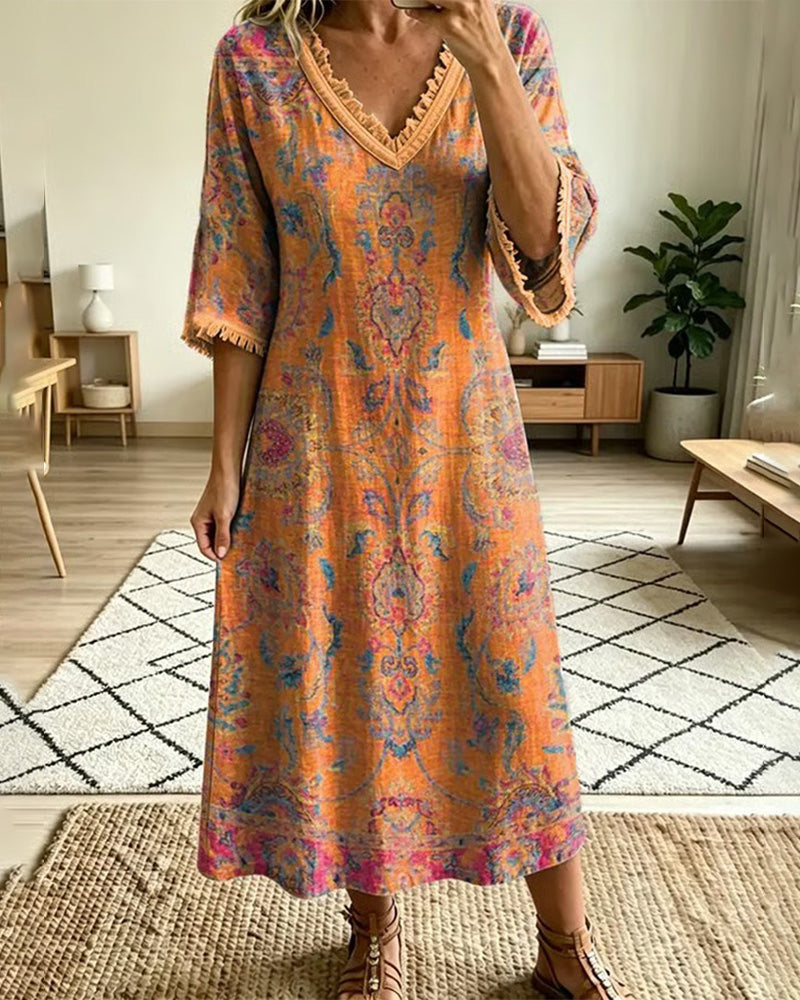 Kleid Vintage V-Ausschnitt Blumenprint