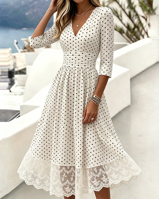 Kleid V-Ausschnitt Polka Dot Spitze Patchwork