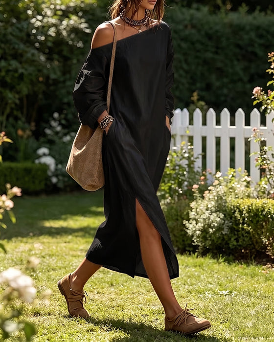 Lässiges Kleid Mit Einem Schulterausschnitt Und Schlitz