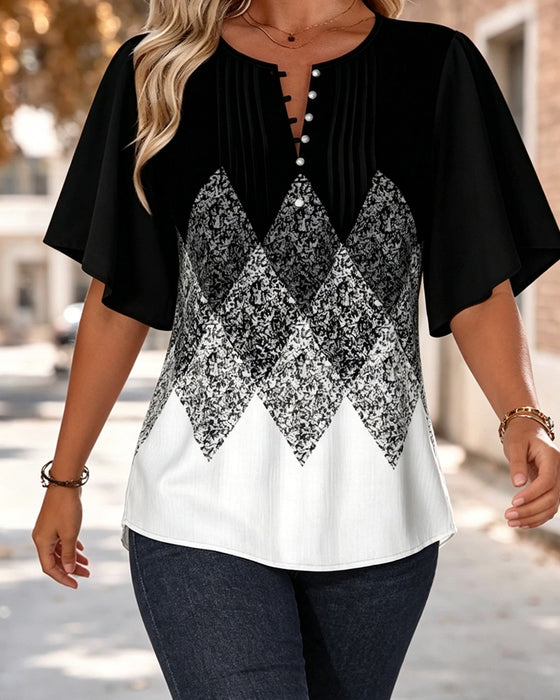 T-Shirt Mit Diamantmuster-Gradientendruck Und V-Ausschnitt