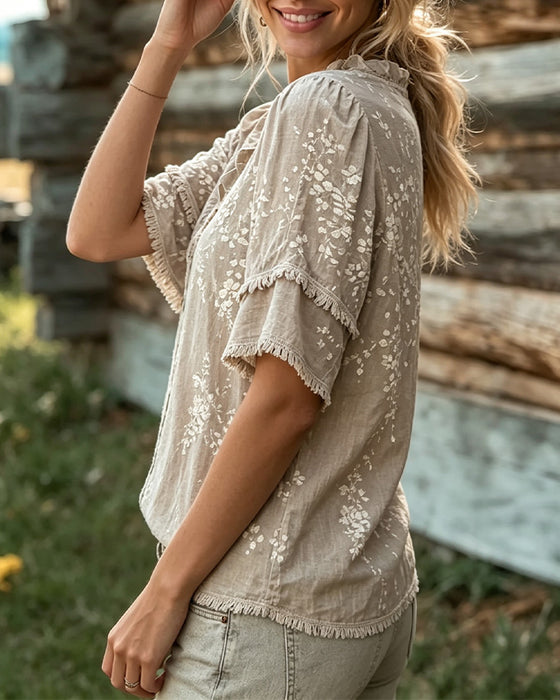 Bluse V-Ausschnitt Spitzenbesatz Franse Druck
