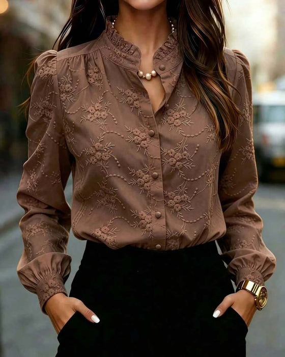 Bluse Puffärmel Mandarin Kragen
