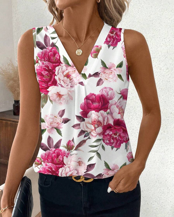 Ein Rundhalsiges Ärmelloses Bluse Mit Rosenmuster