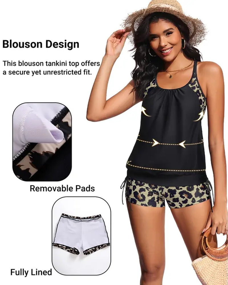 Tankini Ärmellos Leopard Patchwork Kordelzug