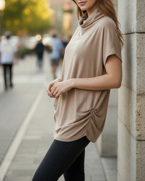 Bluse Mock Neck Kurzarm Seite Gerafft