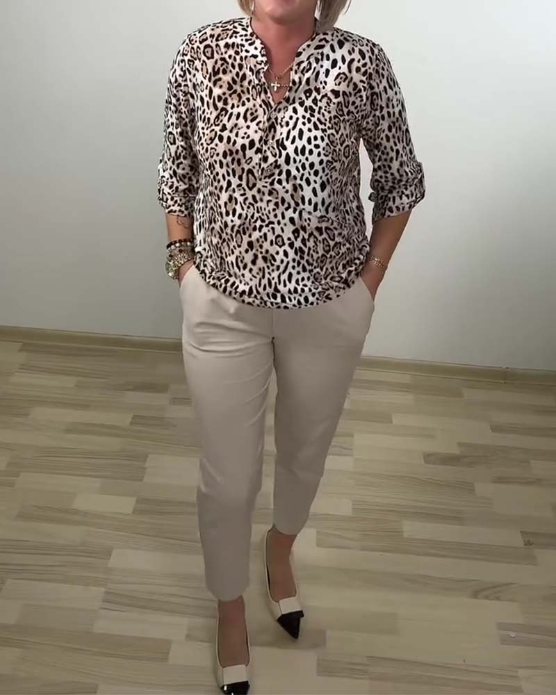 Bluse Stehkragen Mode Leopard