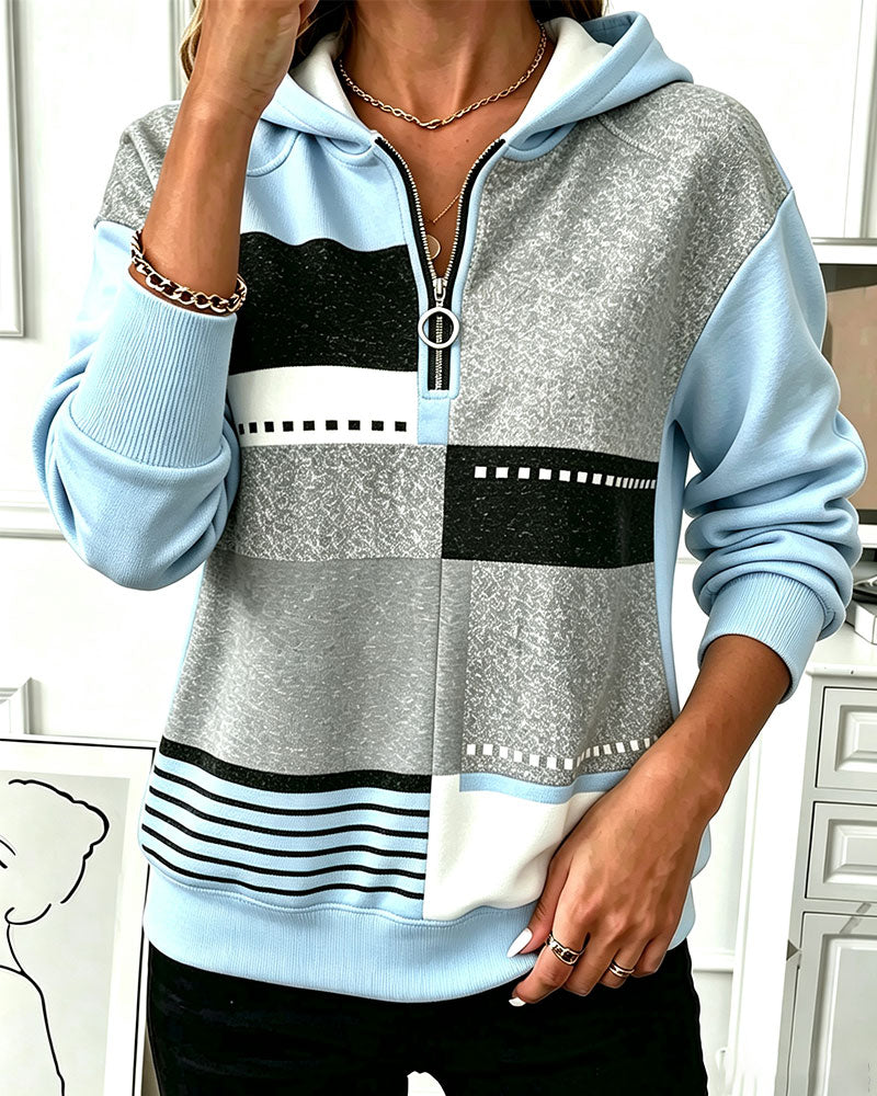 Hoodie Halber Reißverschluss Kontrast Geometrischer Druck