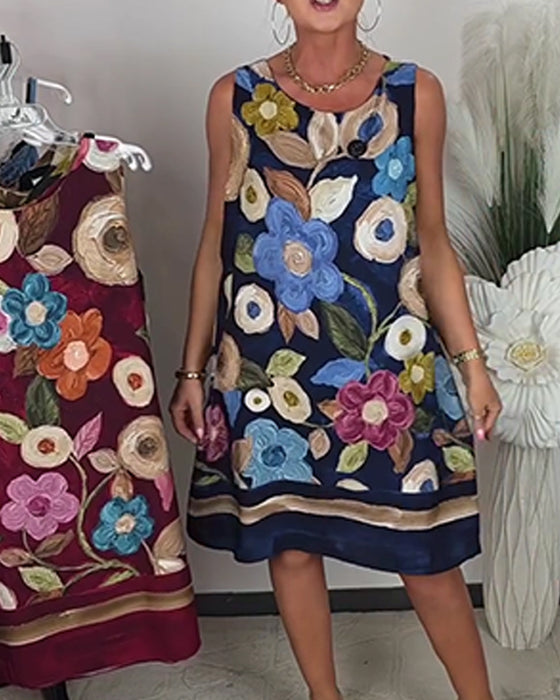 Kleid Ölgemälde Blumig Ärmellos Gerade