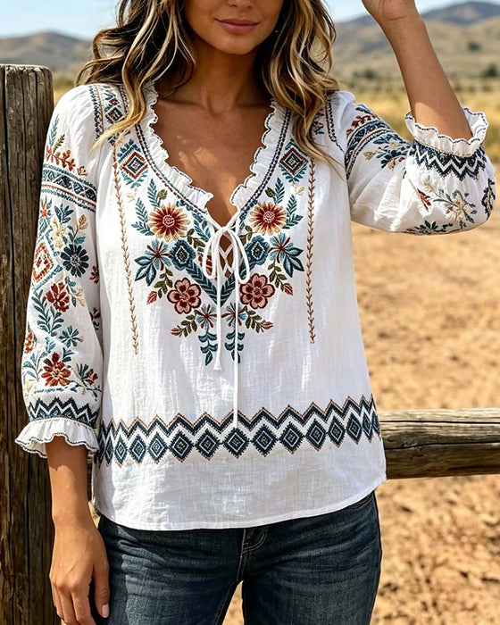 Bluse V-Ausschnitt Bohemian Rüsche
