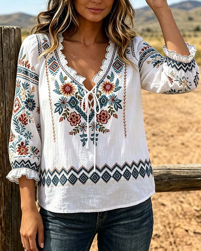 Bluse V-Ausschnitt Bohemian Rüsche