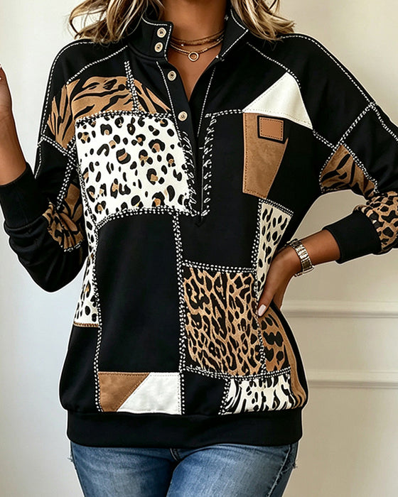 Sweatshirt Leopard Patchwork Stehkragen