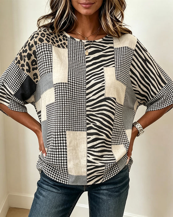 Bluse Rundhalsausschnitt Patchwork Karo Leopard