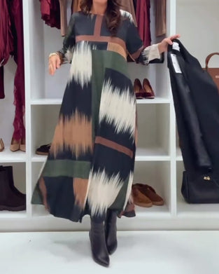 Modisches bedrucktes Kleid mit Rundhalsausschnitt und langen Ärmeln