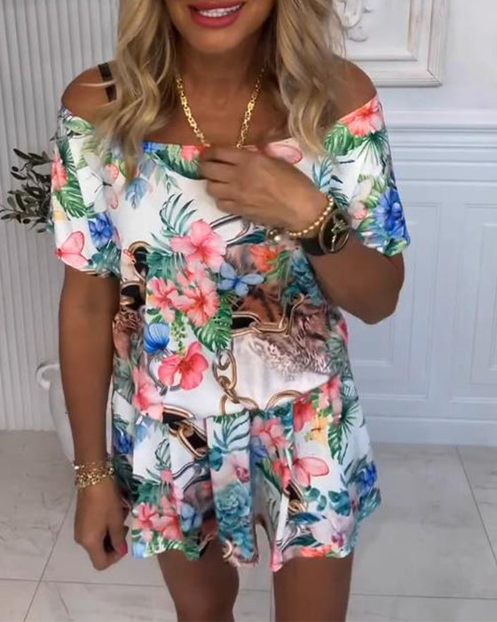 Jumpsuit Mit Pflanzen - und Blumenmustern, Einbandhals - Stil