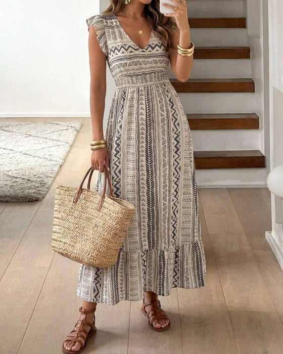 Kleid Geometrisch Druck Tailliert Flügelärmel Maxi
