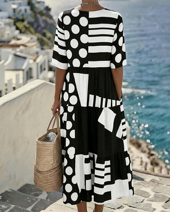 Kleid Polka Punkt Gestreift V-Ausschnitt