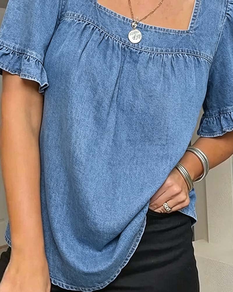 Bluse Quadratischer Ausschnitt Rüsche Denim
