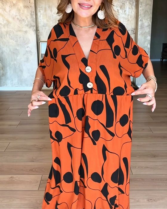 Kleid V-Ausschnitt Knopf Hohe Taille Ausgestellt