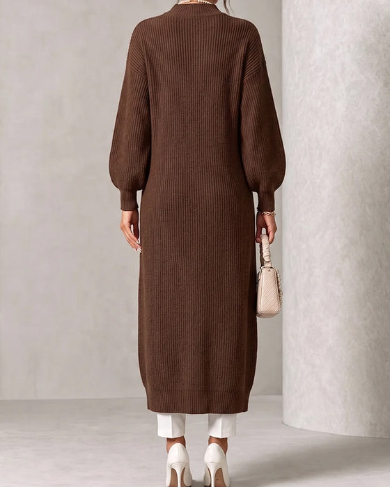 Sweater Dress Diagonaler Knopf Schlitz Laternenärmel