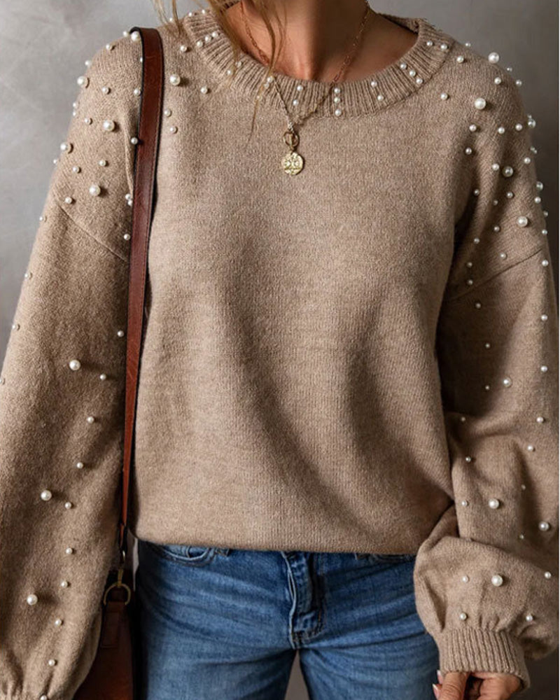 Pullover Mit Perlen Lange Ärmel Rundhals