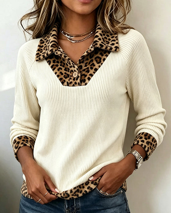 Oberteil Revers Leopard Patchwork Gerippt Knopf
