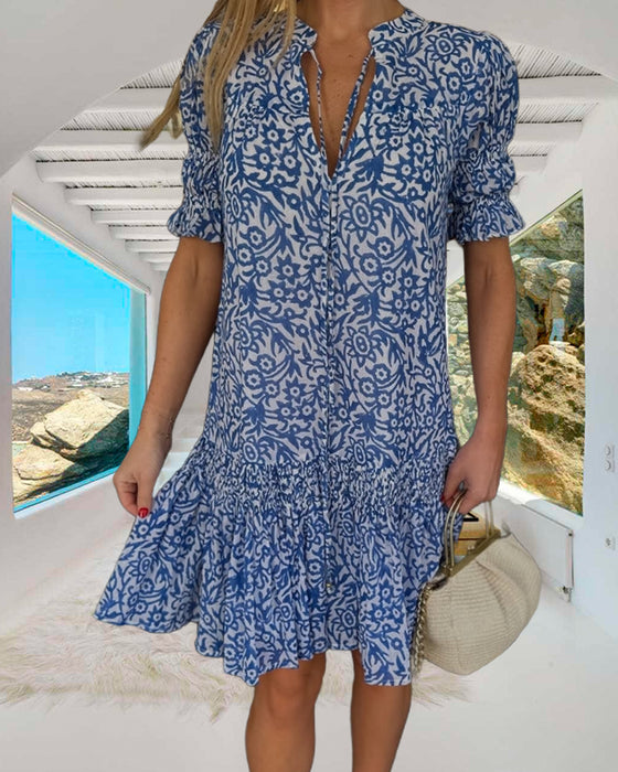 Kleid zum Binden Puffärmel bedruckt