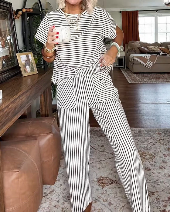 Set Rundhals Gestreift Elastische Taille Tasche